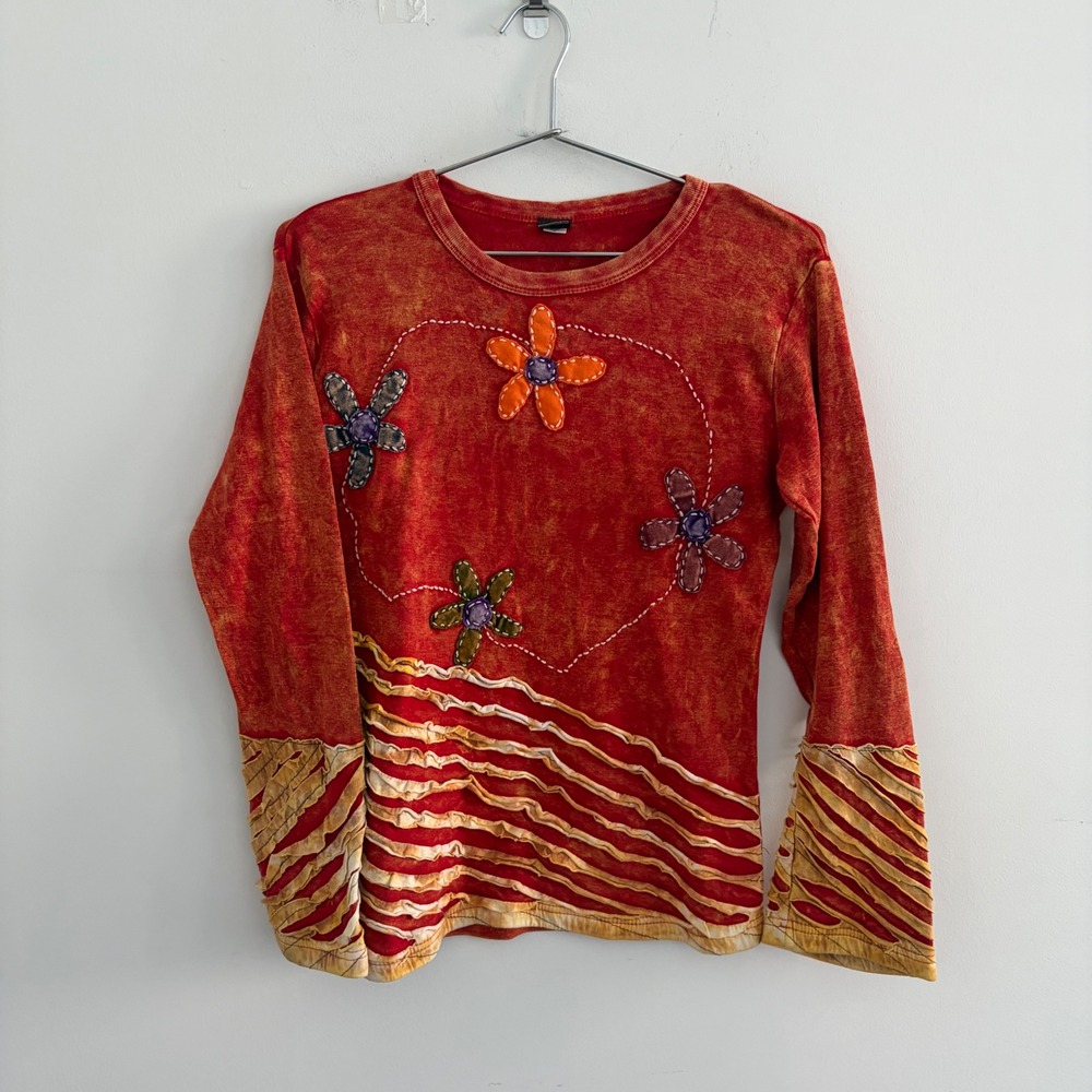 KPC Womens Orange Acid Wash Flower Patch Long Sleeve Shirt Medium